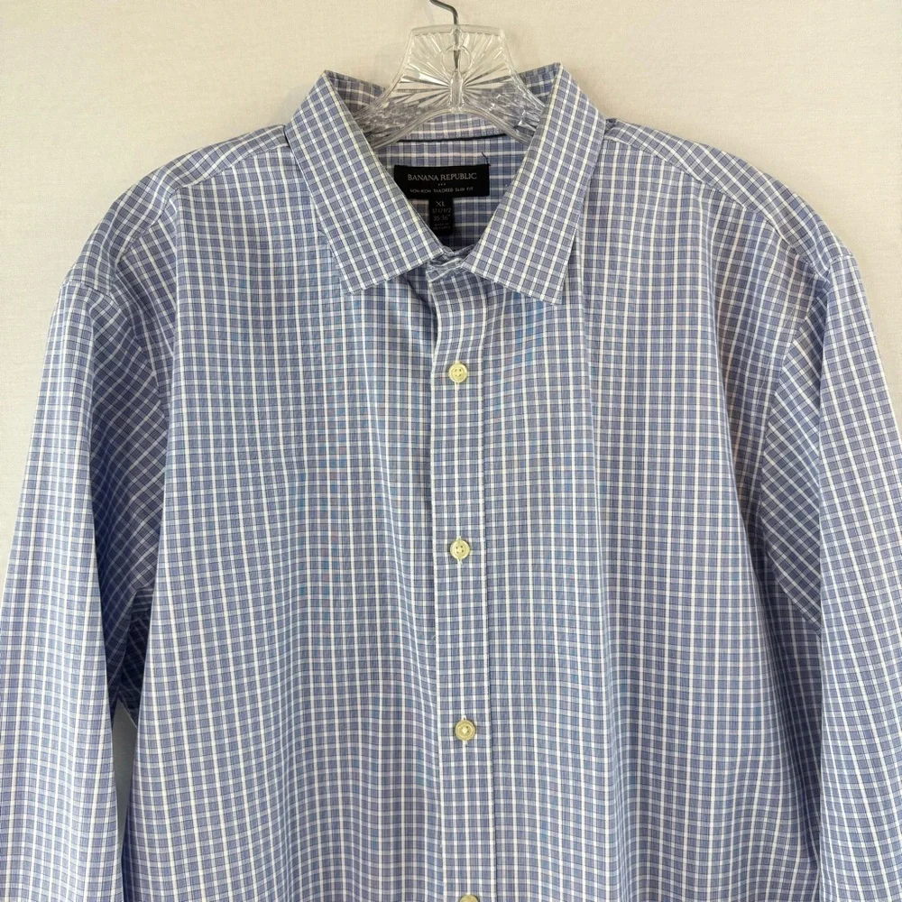 Banana Republic Blue Check Cotton No-Iron Slim Fit Button Down Shirt